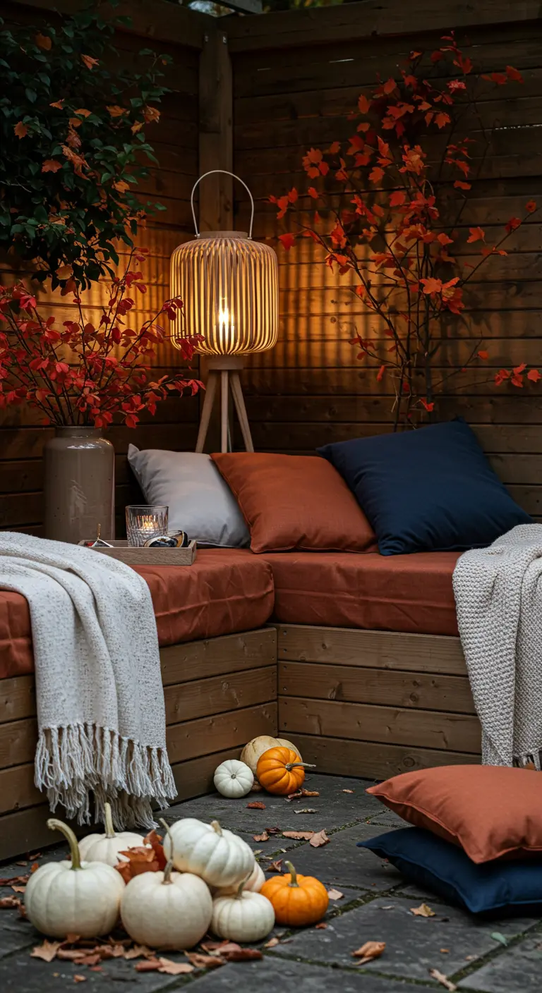 Coin salon extérieur avec banc en bois, coussins, plaids, lampe sur pied, citrouilles et branches rouges.