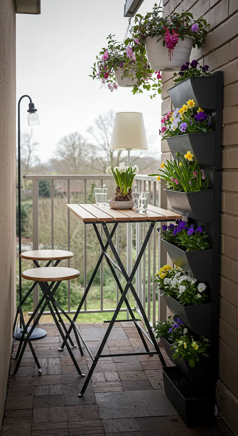 Petit balcon avec un jardin vertical étroit, une table pliante en bois et des chaises, et des suspensions fleuries.
