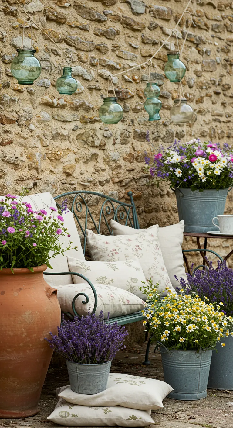 Banc en fer forgé devant un mur de pierre, coussins fleuris, pots de lavande et marguerites.