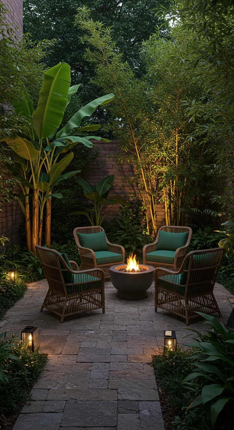 Jardin luxuriant avec foyer central, fauteuils en rotin, bambou et bananiers illuminés.