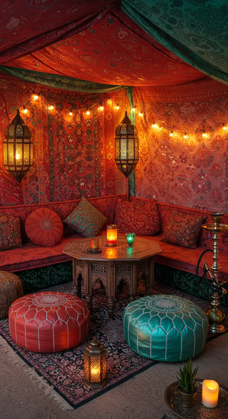 Coin salon oriental avec tentures murales rouges, coussins colorés, lanternes suspendues et table basse en bois sculpté.