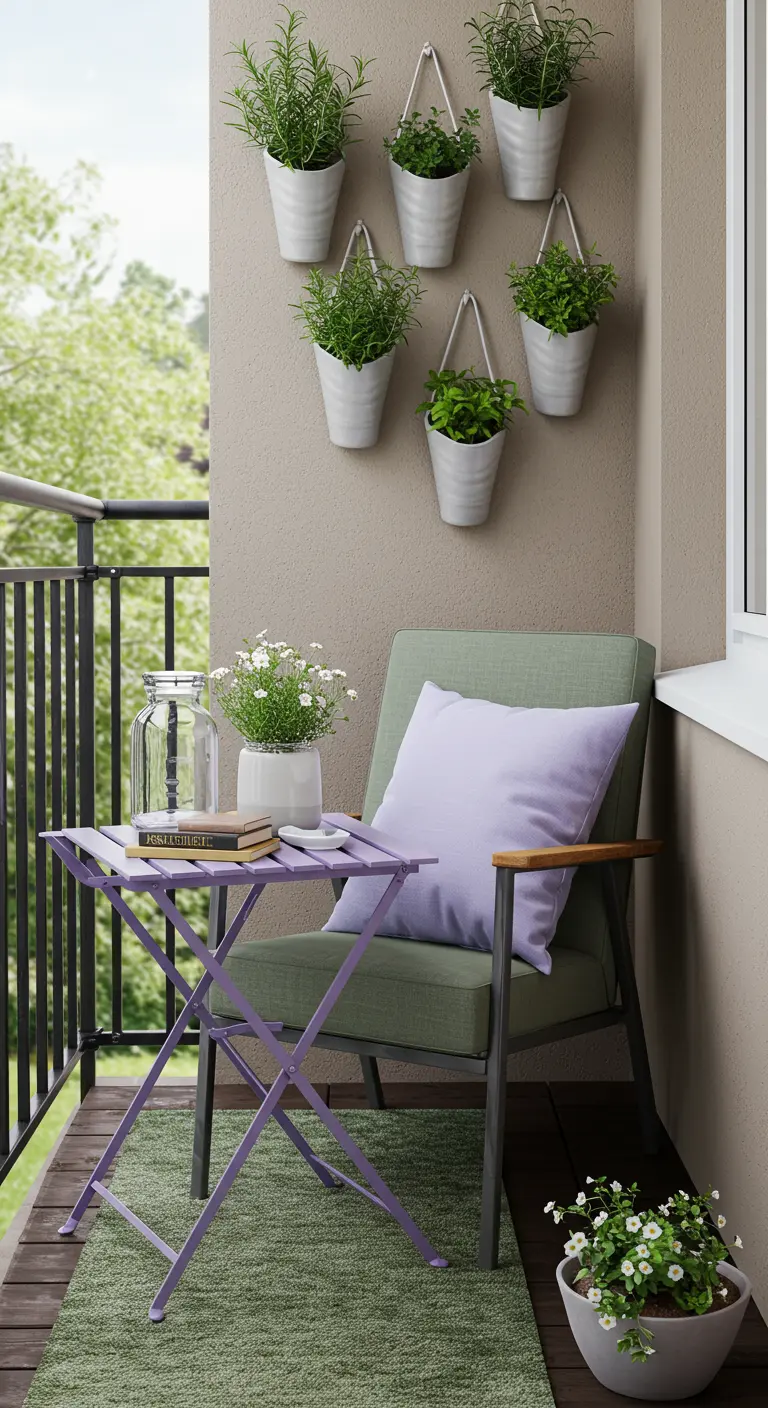 Balcon cosy avec fauteuil vert, table lilas, jardin vertical d'herbes et tapis vert.