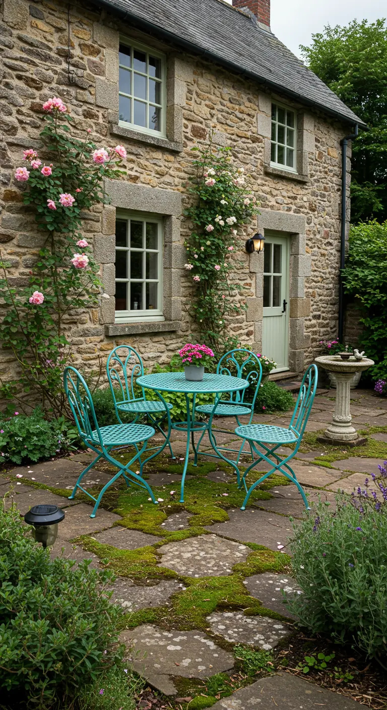 Cottage en pierre avec table et chaises en fer forgé turquoise sur une terrasse moussue.