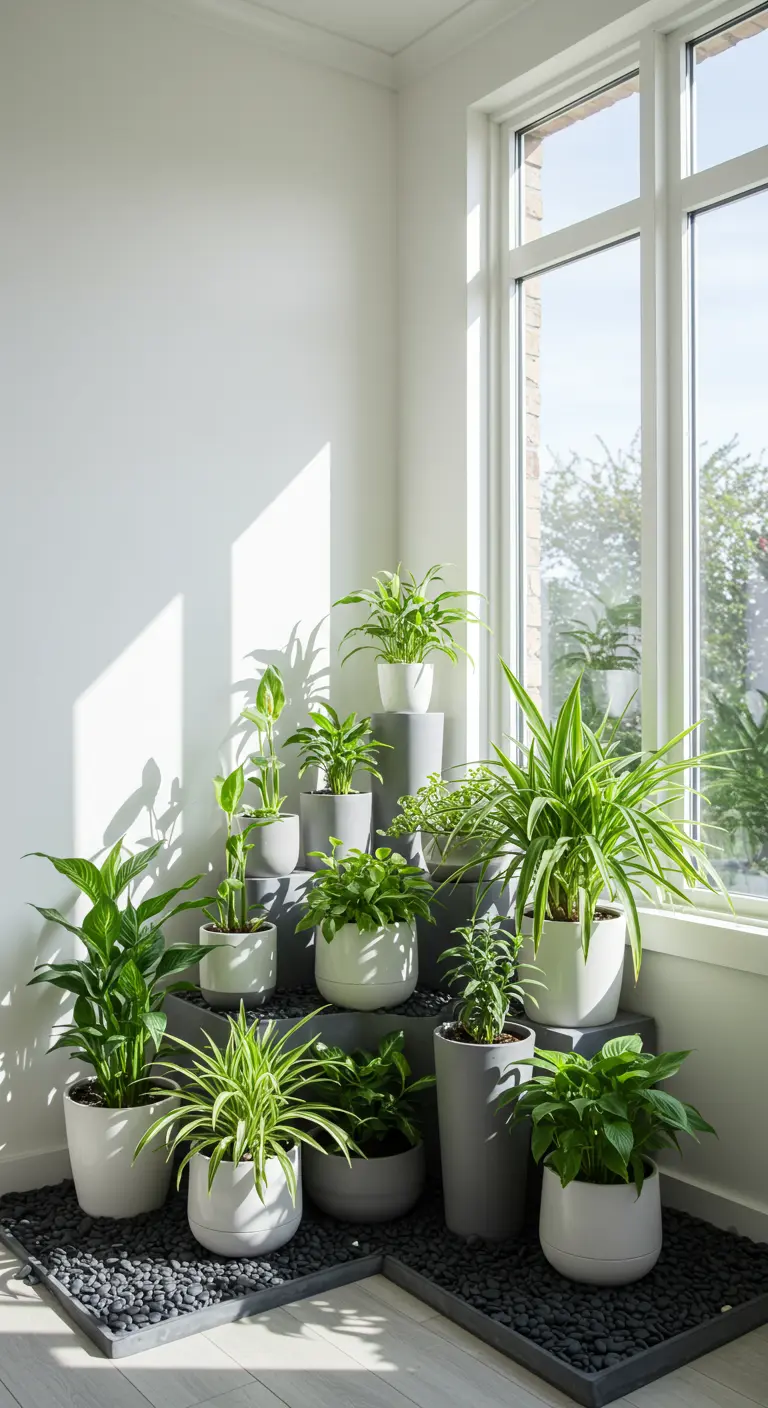 Coin intérieur avec plantes vertes sur étagères étagées, pots blancs et gris, galets noirs.