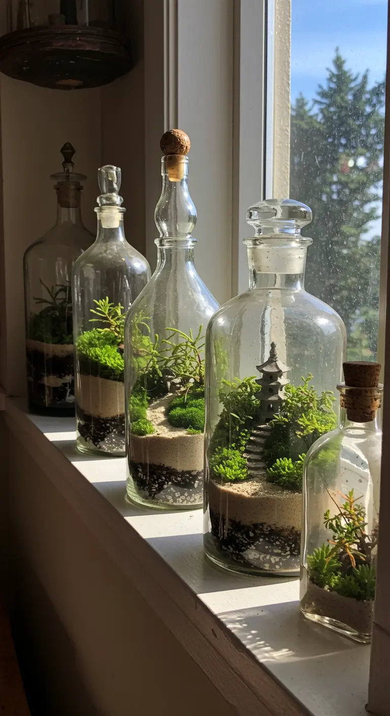 Collection de terrariums miniatures dans des flacons et bouteilles en verre alignés sur un rebord de fenêtre, avec pagodes et mousse.