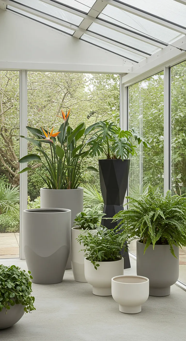 Véranda lumineuse avec une collection de pots gris et blancs de formes variées et des plantes luxuriantes.