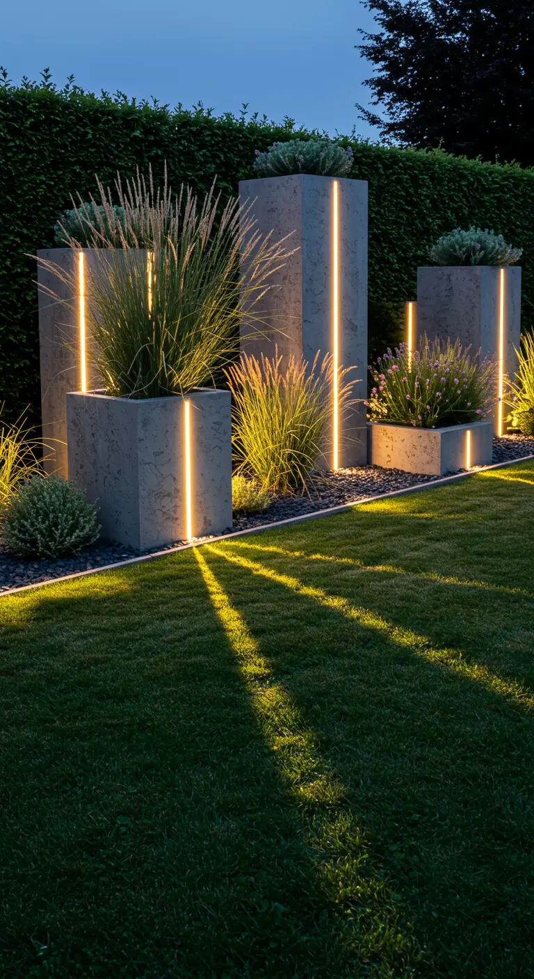 Grands pots en béton avec bandes lumineuses LED verticales, entourés de gazon.