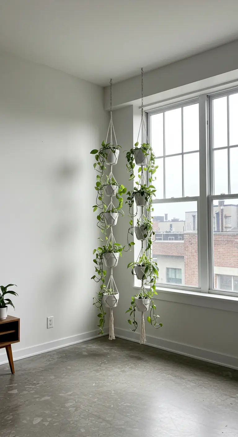 Deux colonnes de pots blancs suspendus en macramé avec des plantes retombantes, près d'une fenêtre.