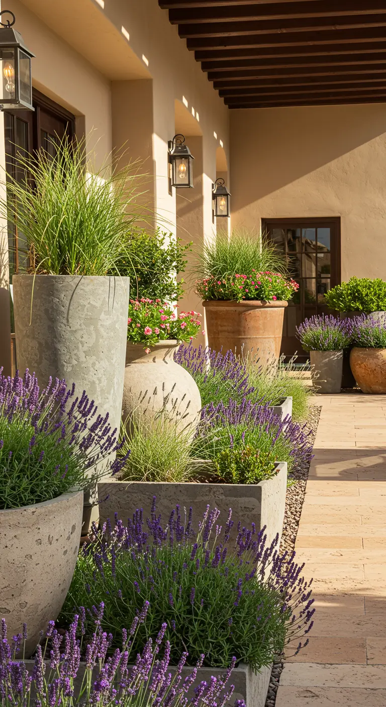 Collection de pots en béton et terre cuite avec lavande, herbes et fleurs.