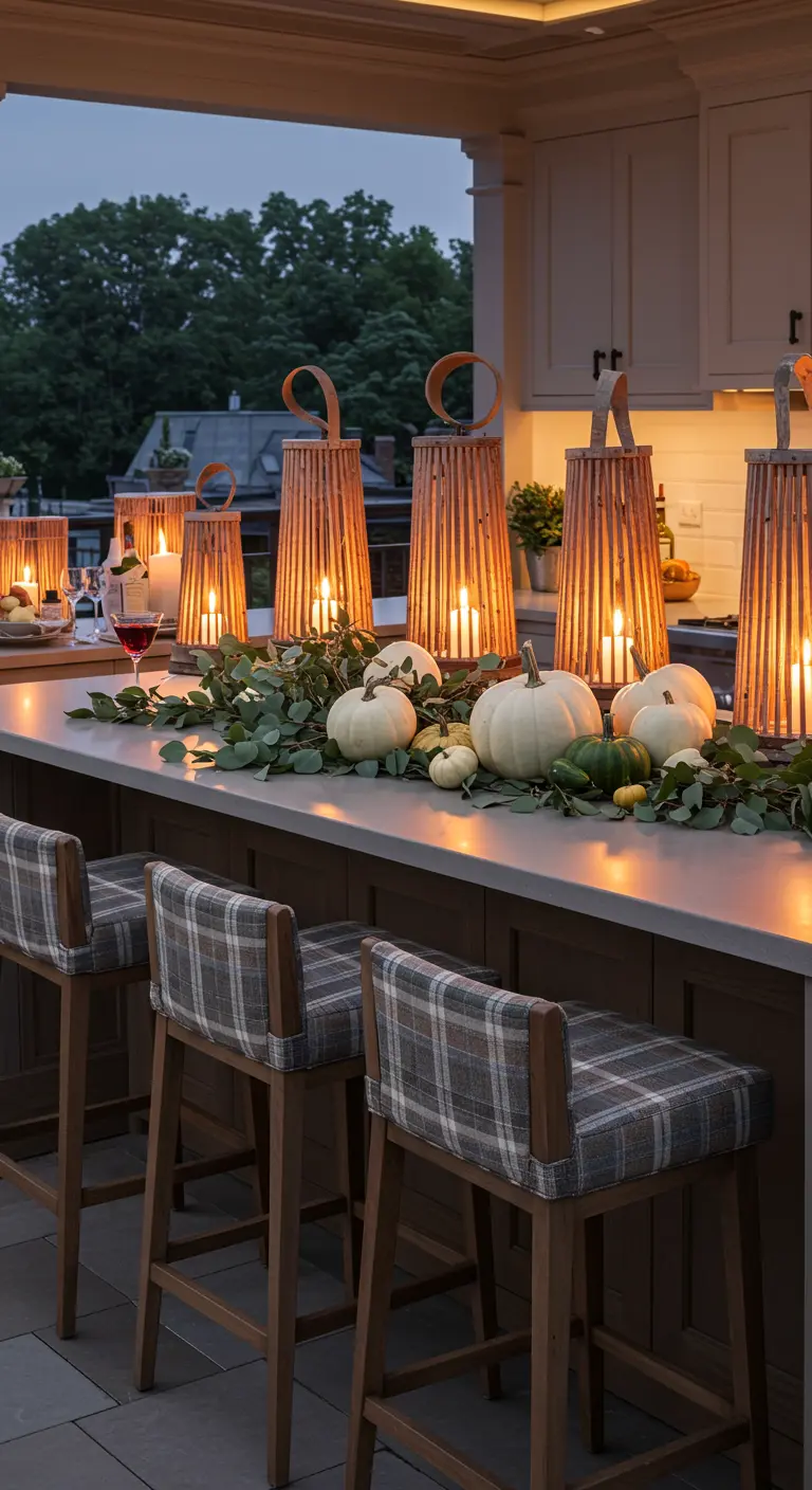 Comptoir extérieur avec lanternes en bois, guirlande d'eucalyptus, citrouilles blanches et tabourets à carreaux.