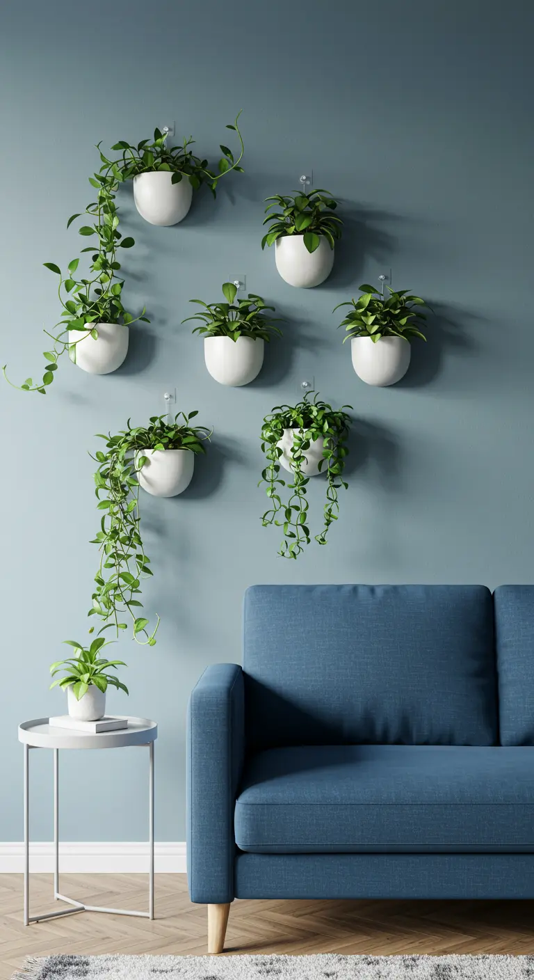 Murs bleus avec des pots blancs suspendus de manière asymétrique, contenant des plantes vertes variées.