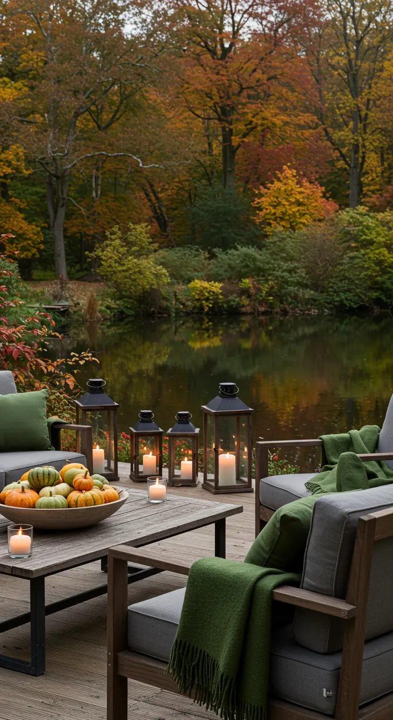Terrasse au bord du lac avec fauteuils, plaids verts, lanternes noires et un bol de gourdes.
