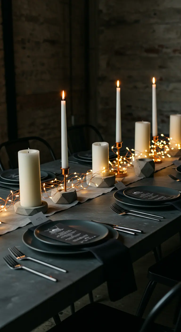 Table moderne avec vaisselle noire, bougies blanches et noires, supports en béton et guirlande LED.