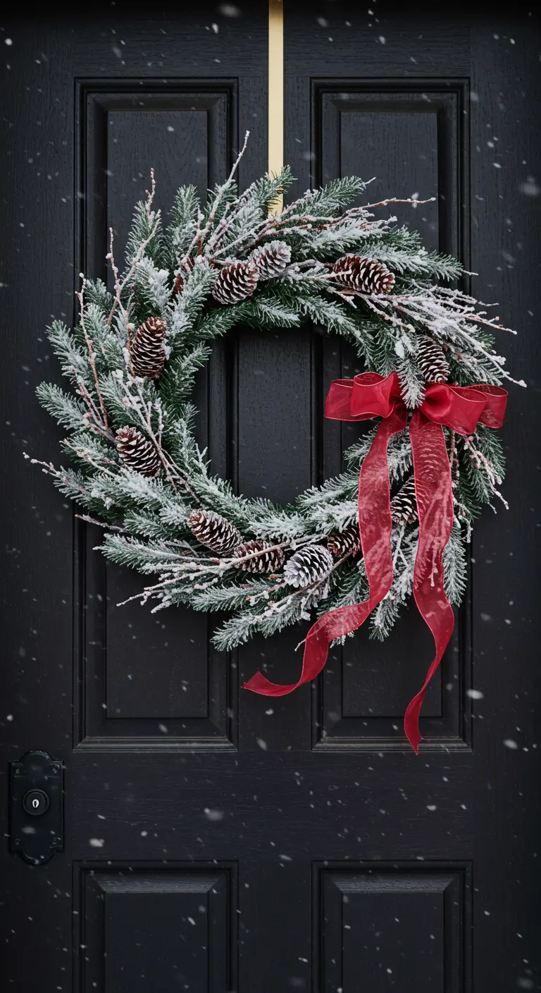 Couronne givrée de sapin et brindilles avec ruban rouge sur porte noire.