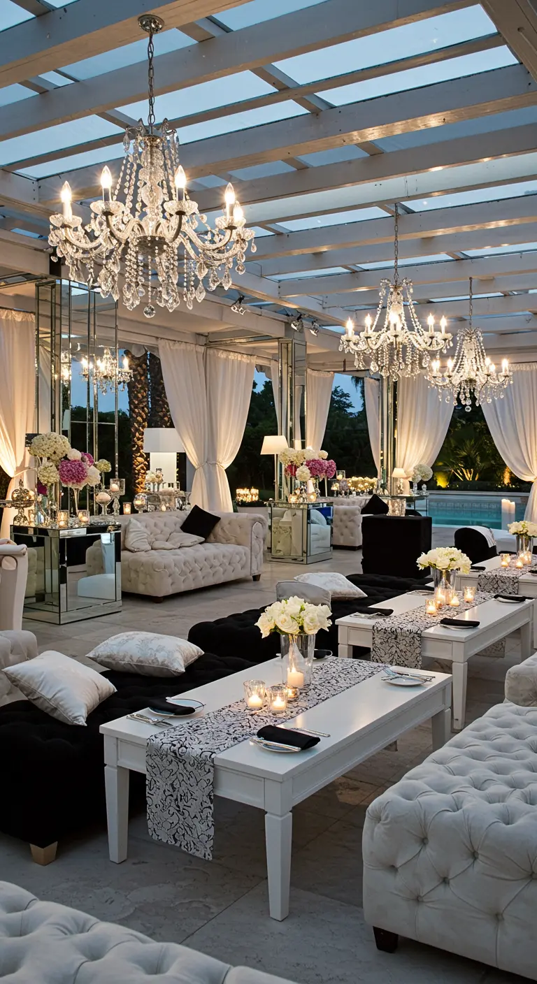 Salon extérieur monochrome chic avec mobilier capitonné, chemins de table en dentelle noire, lustres.