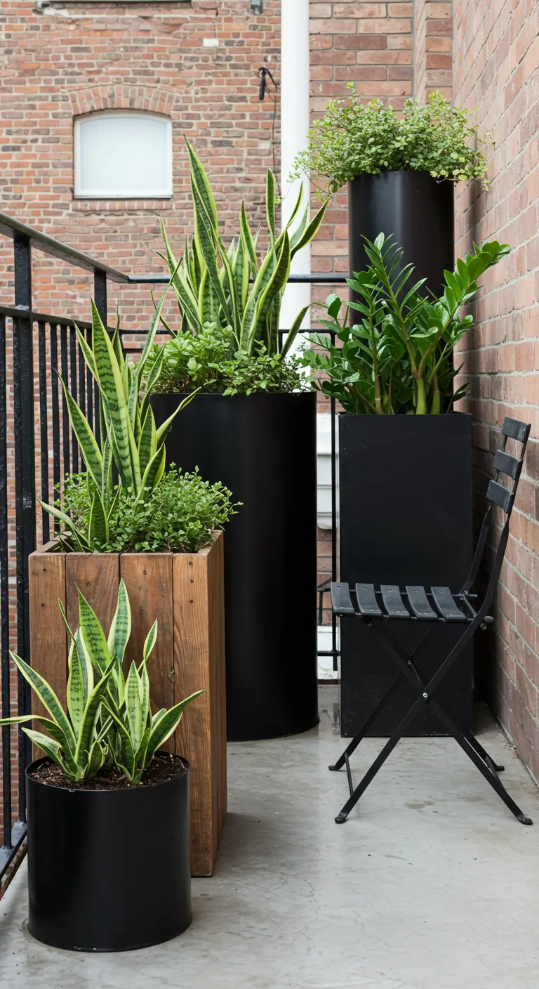 Balcon avec des pots noirs et un pot en bois, plantes succulentes et une chaise noire.