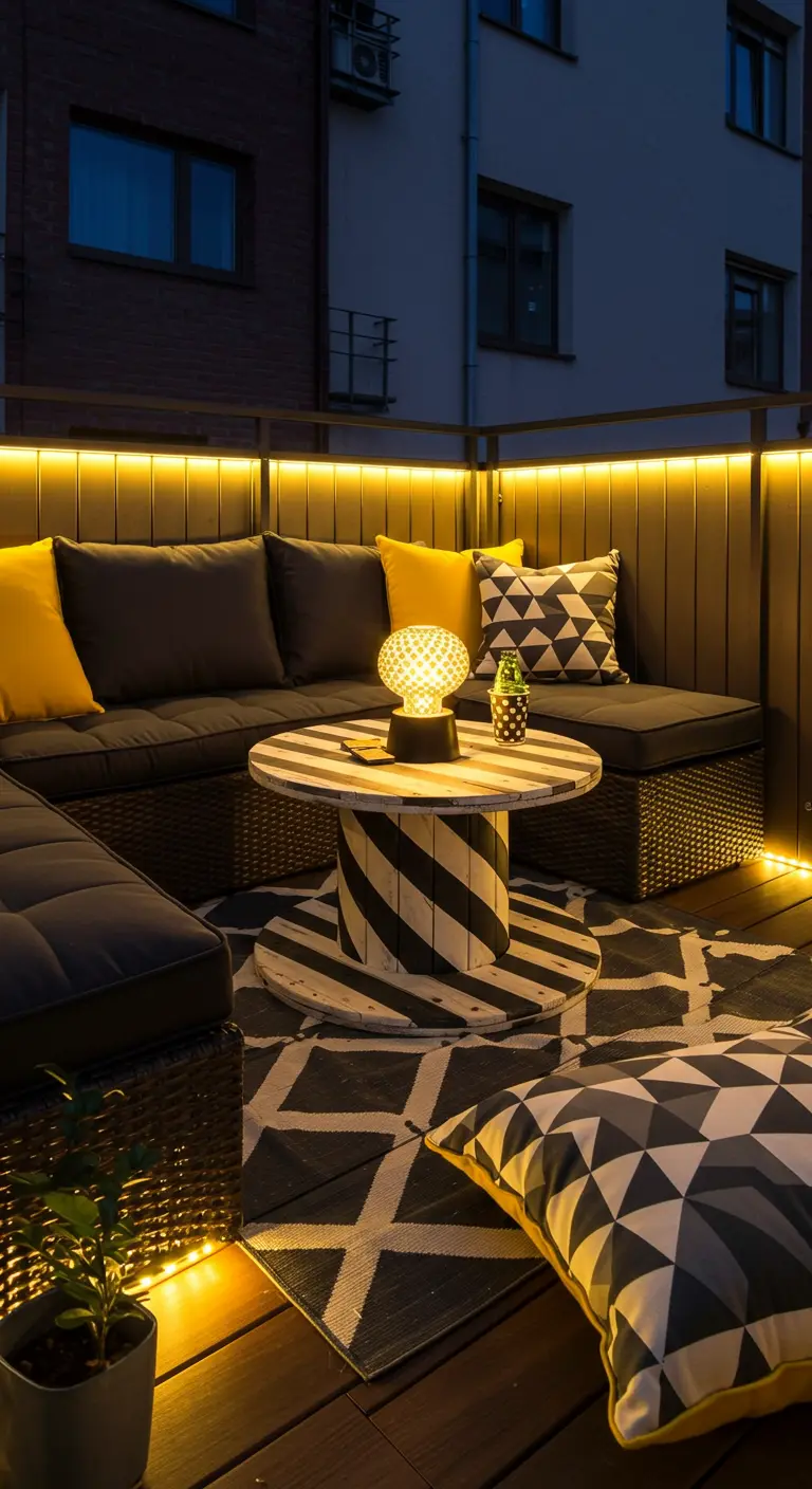 Balcon moderne nuit, canapé sombre, table bobine rayée, coussins jaunes, lumières LED.