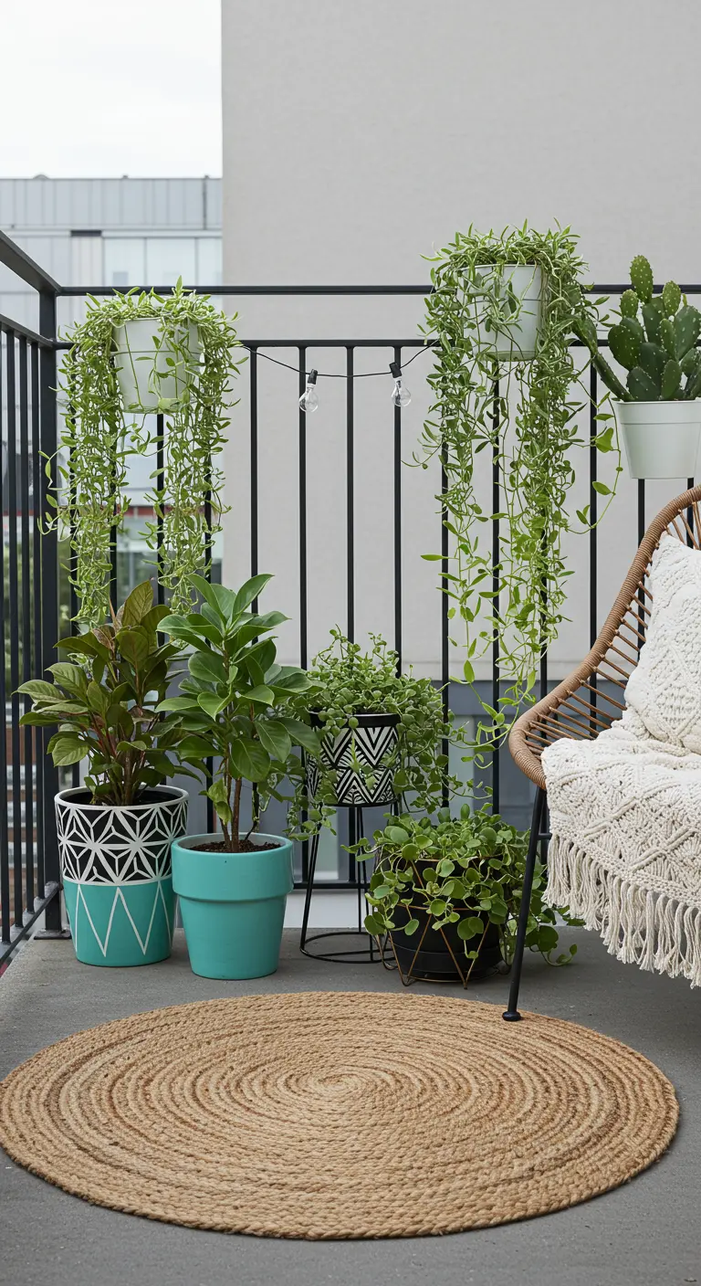 Balcon moderne avec tapis jute rond, pots graphiques, plantes retombantes et chaise en rotin.
