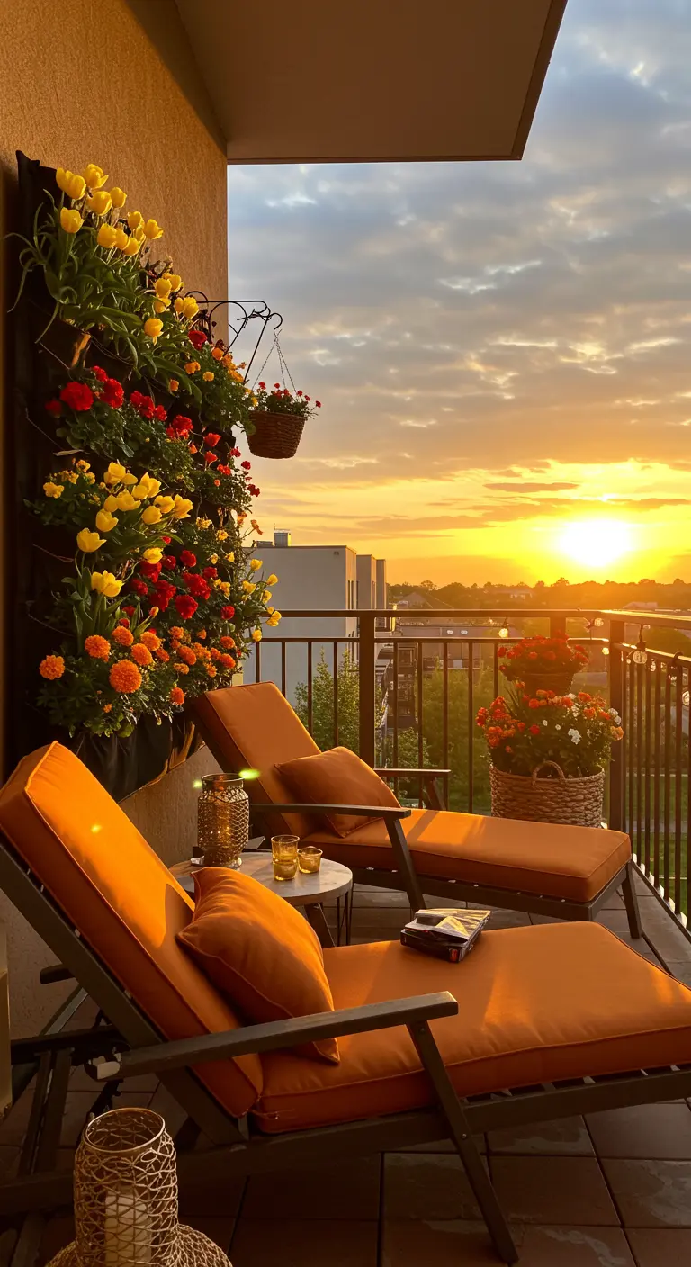 Balcon avec deux transats orange, un mur végétal de tulipes jaunes et fleurs rouges, au coucher du soleil.