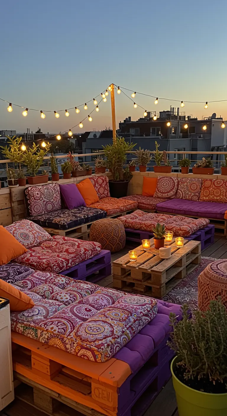 Grand salon en palettes colorées avec coussins ethniques sur un toit-terrasse au coucher du soleil.