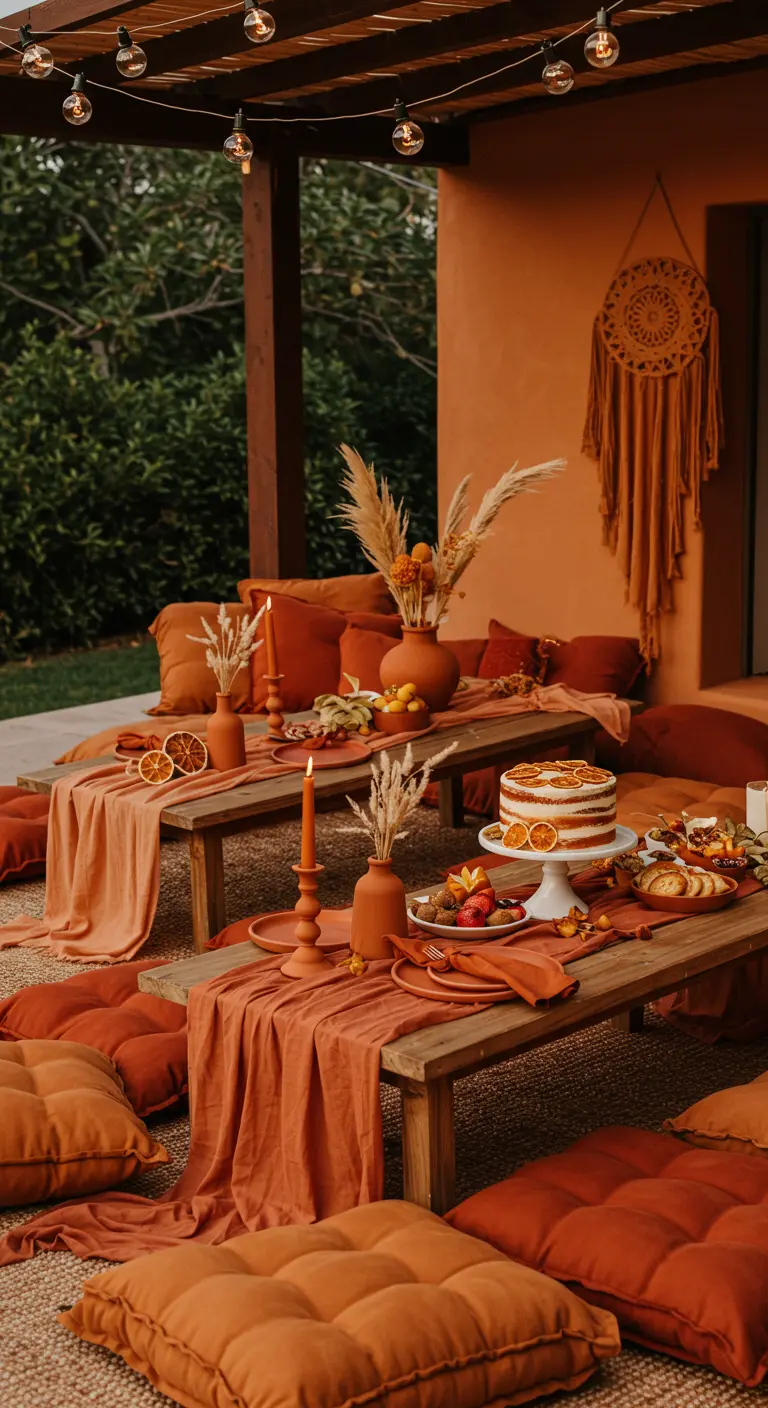 Fête d'extérieur monochrome orange avec coussins de sol, tables basses, guirlandes lumineuses et gâteau.