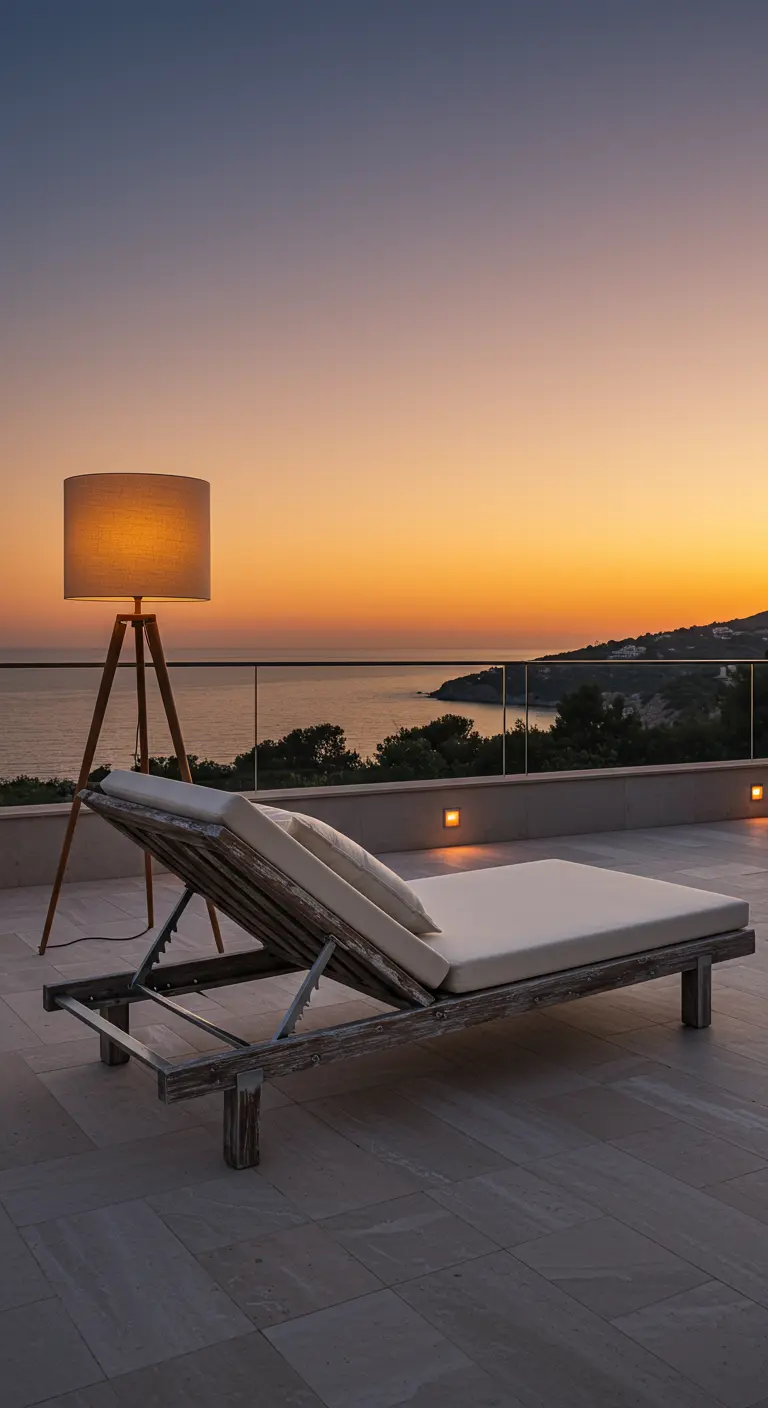 Transat en bois blanchi, coussin clair, grand lampadaire d'extérieur, vue sur coucher de soleil maritime.