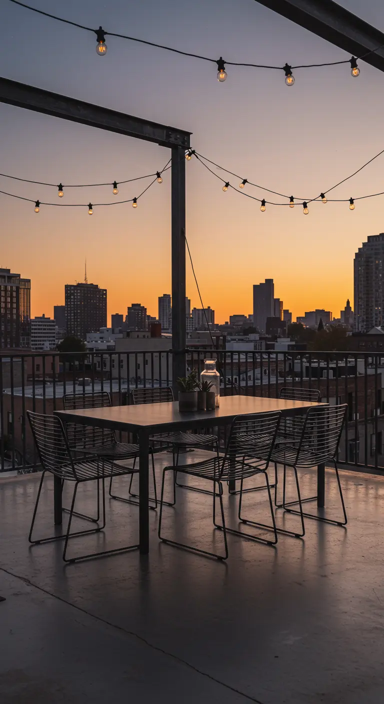 Terrasse sur le toit au coucher du soleil avec table et chaises en métal, guirlandes lumineuses.