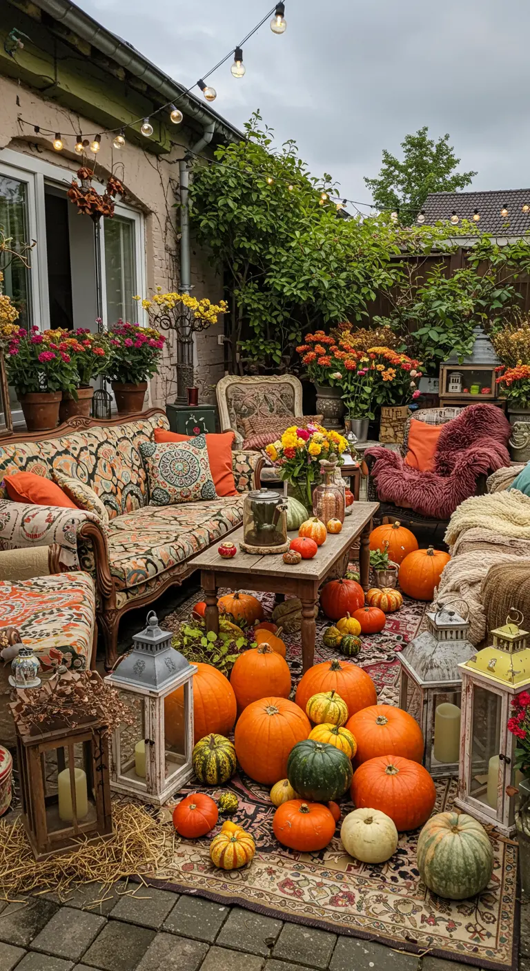 Cour intérieure bohème avec canapé, fauteuils, nombreux tapis, citrouilles, lanternes et plantes.