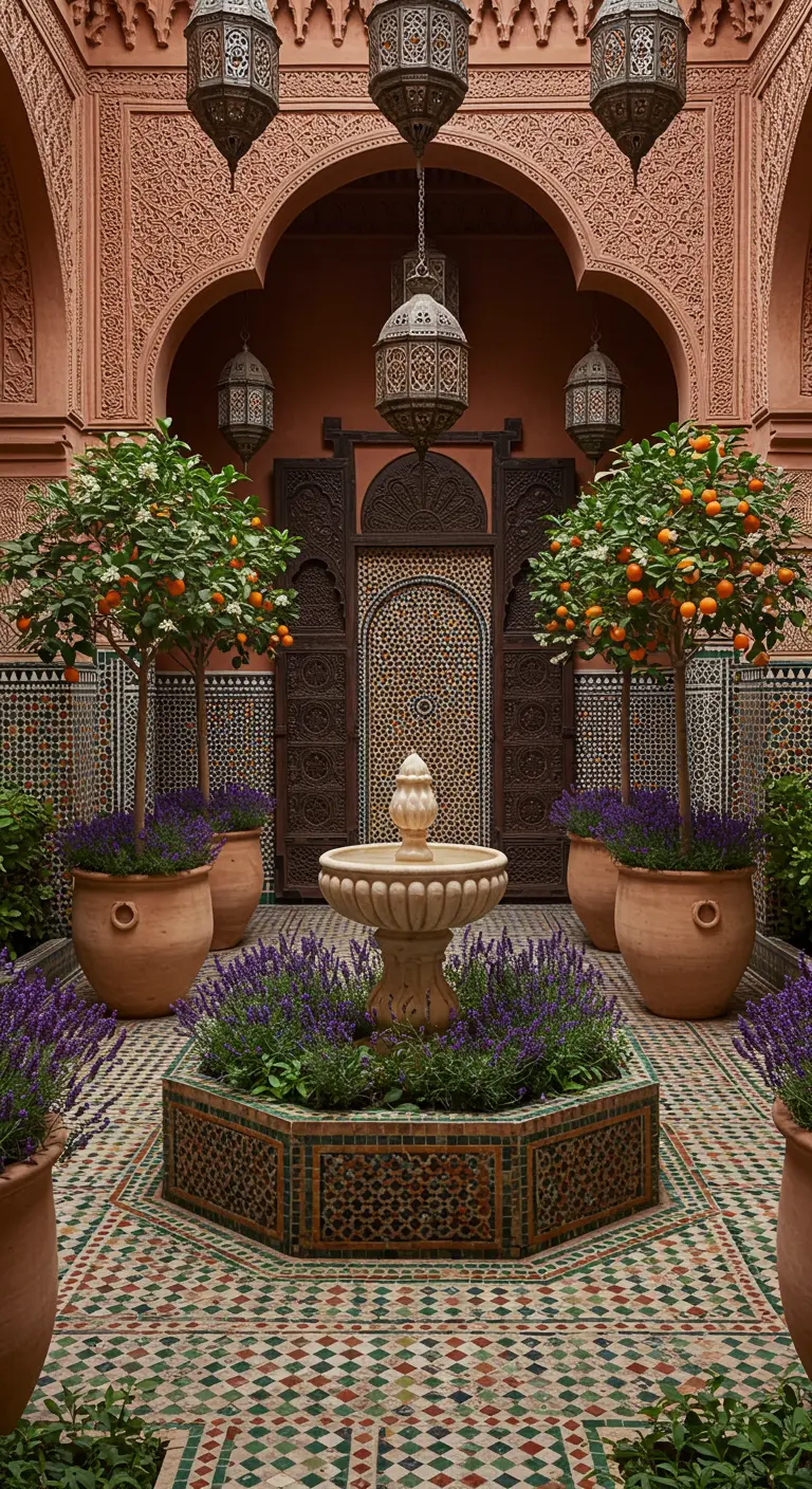 Cour marocaine avec mosaïques, fontaine, orangers en pot et lavande.