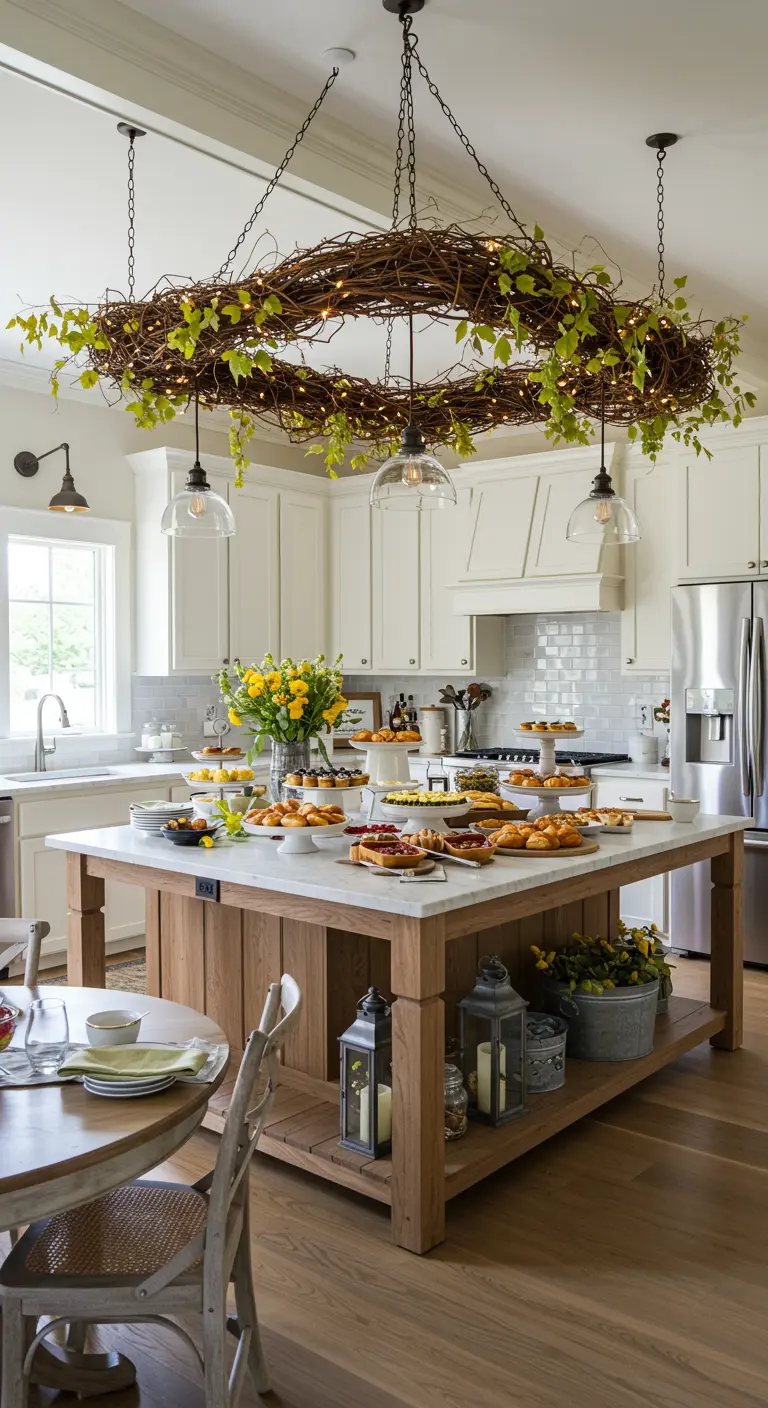 Grande couronne de vigne et lumières suspendue au-dessus d'un îlot de cuisine avec un buffet.