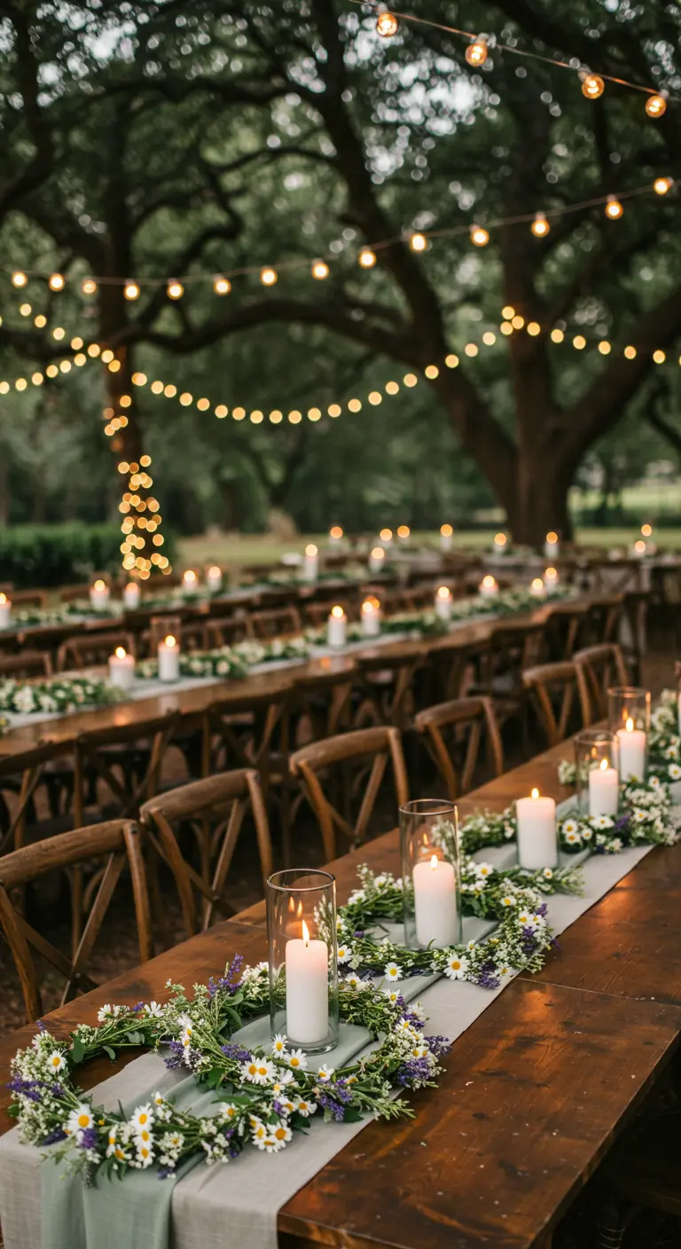 Tables de mariage extérieures décorées de couronnes de fleurs, bougies et guirlandes lumineuses.