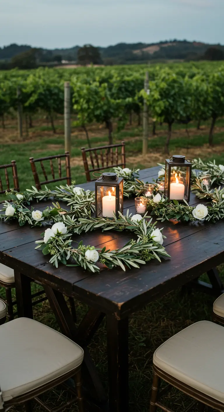 Table de mariage dans un vignoble avec couronnes d'olivier, roses blanches et lanternes.