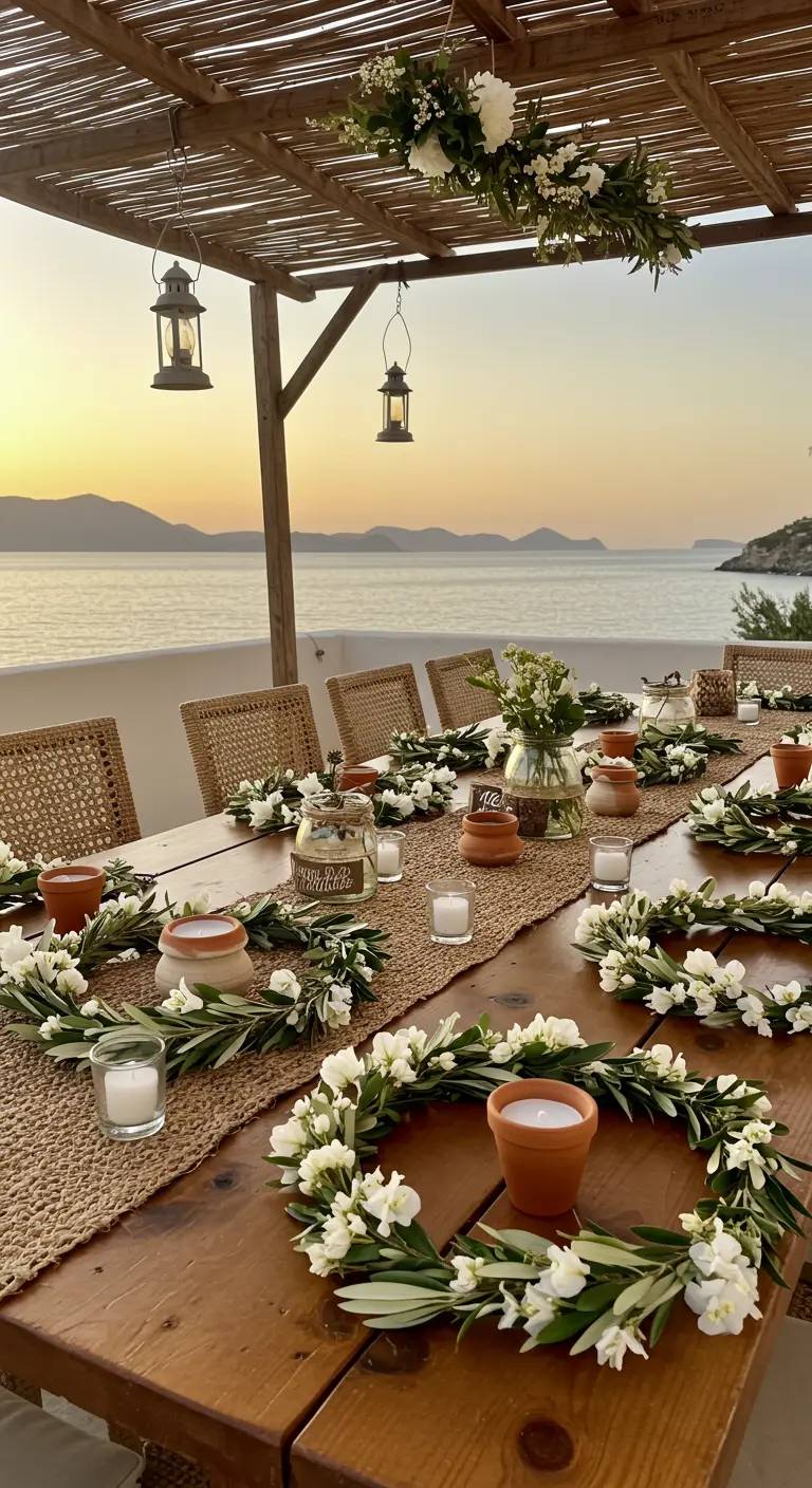 Tables de mariage en extérieur avec couronnes d'olivier, pots en terre cuite et bougies.