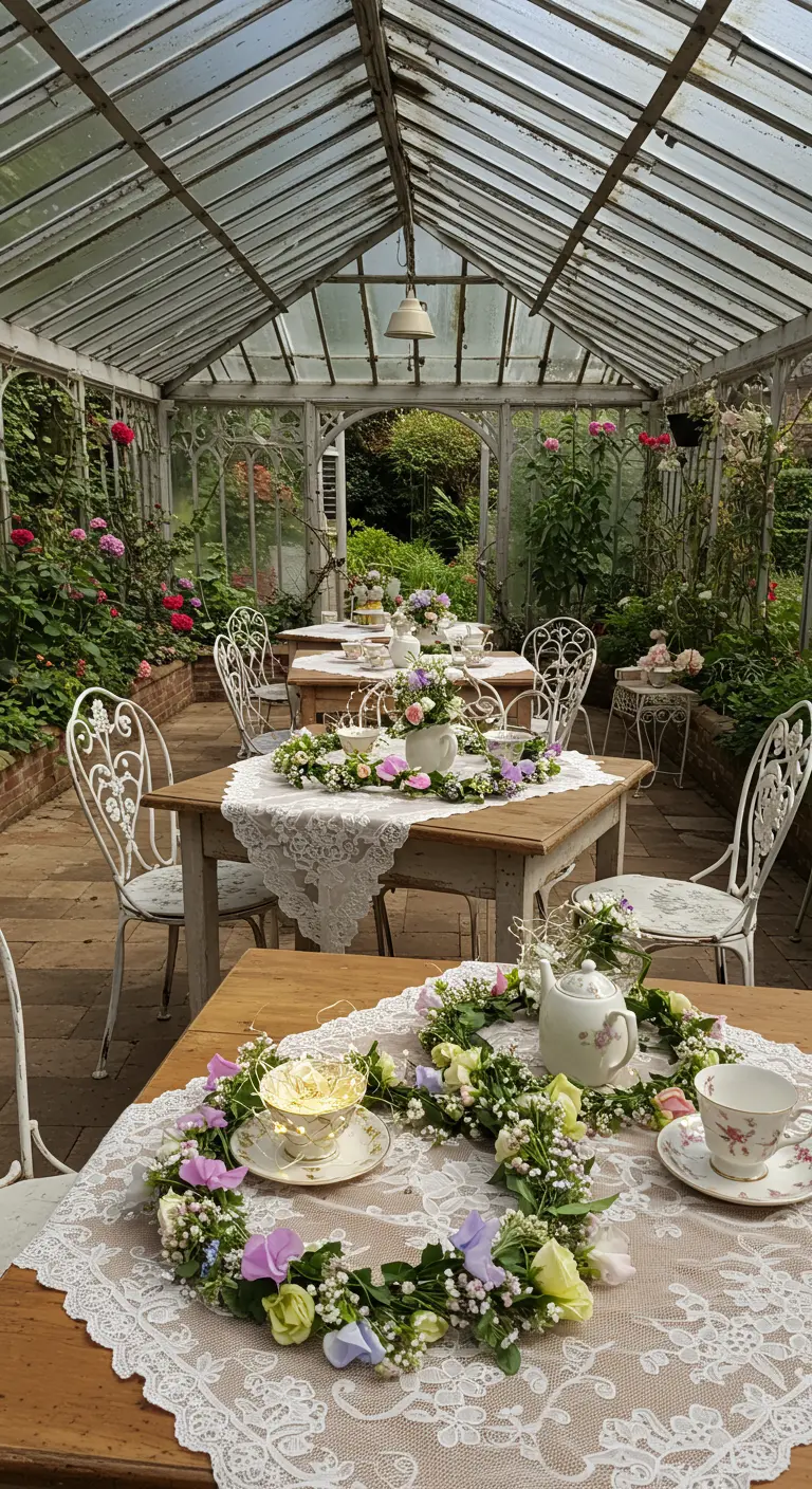 Tables de mariage dans une serre avec couronnes de fleurs pastel et dentelle.