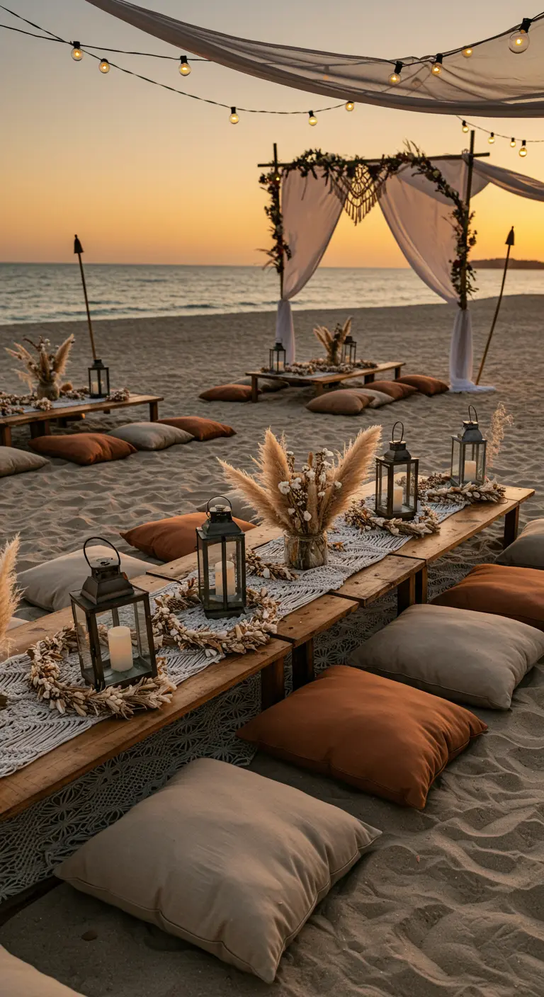 Tables basses sur la plage avec couronnes de fleurs séchées, lanternes et coussins.