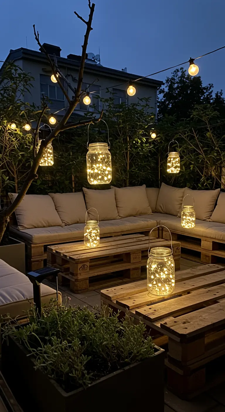 Patio avec mobilier en palettes, guirlandes et bocaux lumineux suspendus.