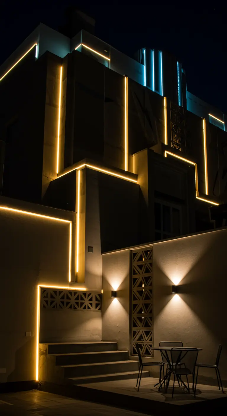 Façade de bâtiment moderne avec des lignes LED jaunes et bleues créant des motifs géométriques la nuit.