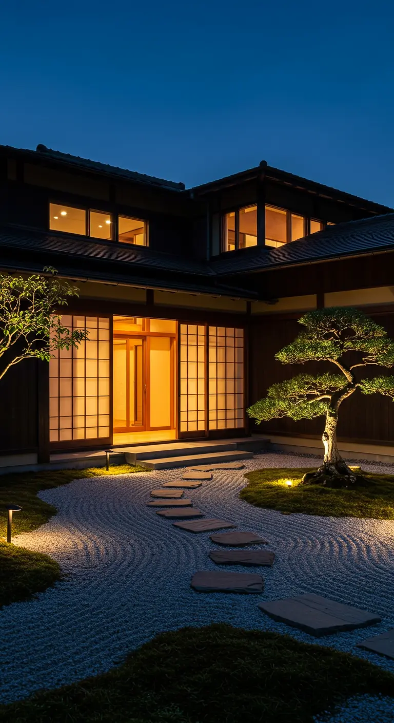 Jardin zen japonais avec des chemins de pierre éclairés, des arbres et une maison traditionnelle la nuit.