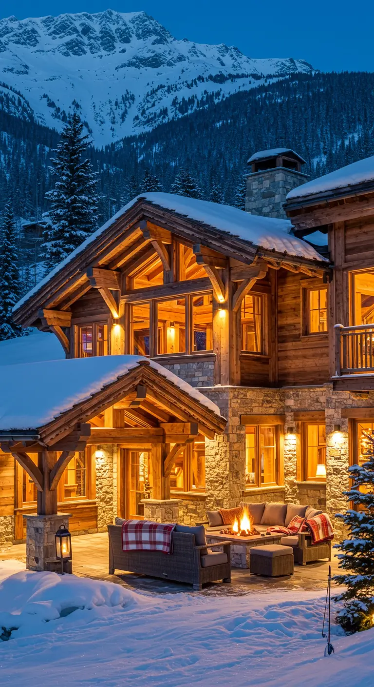 Chalet de montagne enneigé avec terrasse éclairée, salon de jardin et foyer extérieur la nuit.