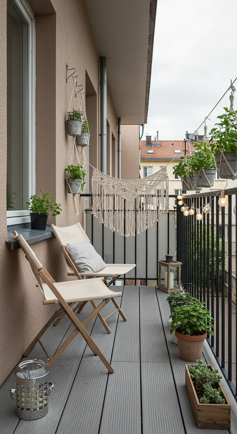 Balcon avec mur décoré de plantes suspendues en macramé et une guirlande lumineuse.