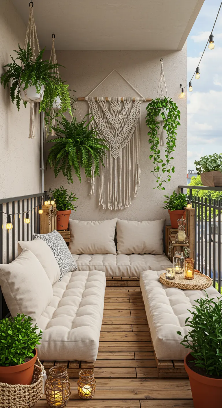 Balcon bohème minimaliste avec canapé en palettes, plantes suspendues et macramé mural.