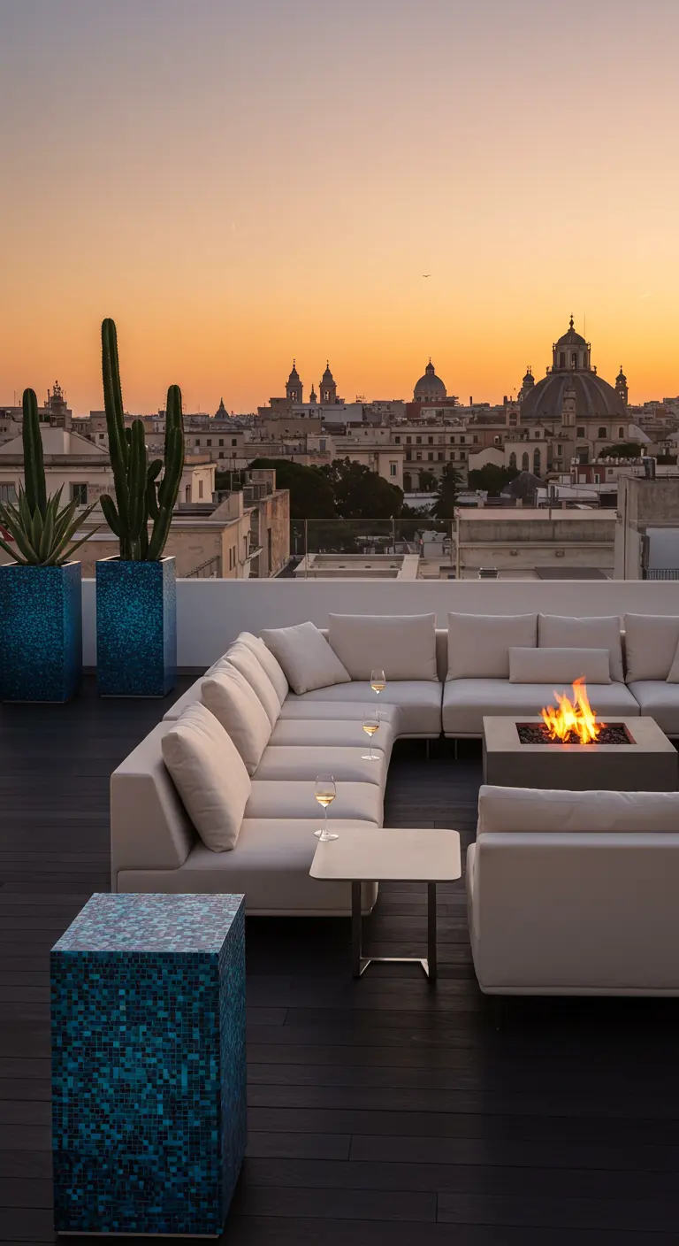 Toit-terrasse au coucher du soleil avec des cubes en mosaïque bleue, un foyer et des canapés blancs.