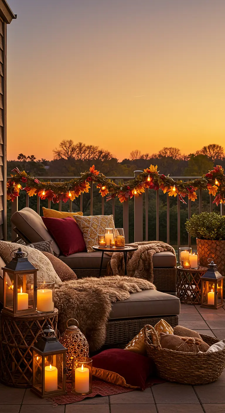 Terrasse lounge avec transats, plaids, coussins, nombreuses lanternes et guirlande lumineuse au crépuscule.