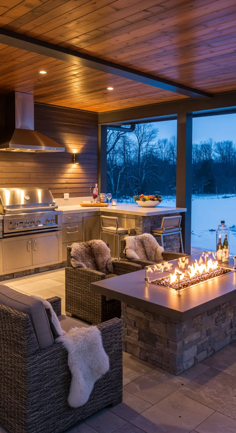 Cuisine extérieure moderne avec brasero, chaises en rotin et fourrure, vue sur le paysage enneigé.
