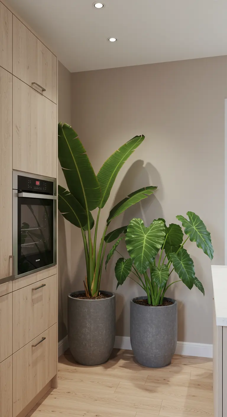 Bananier et Alocasia dans des pots gris modernes dans une cuisine claire.