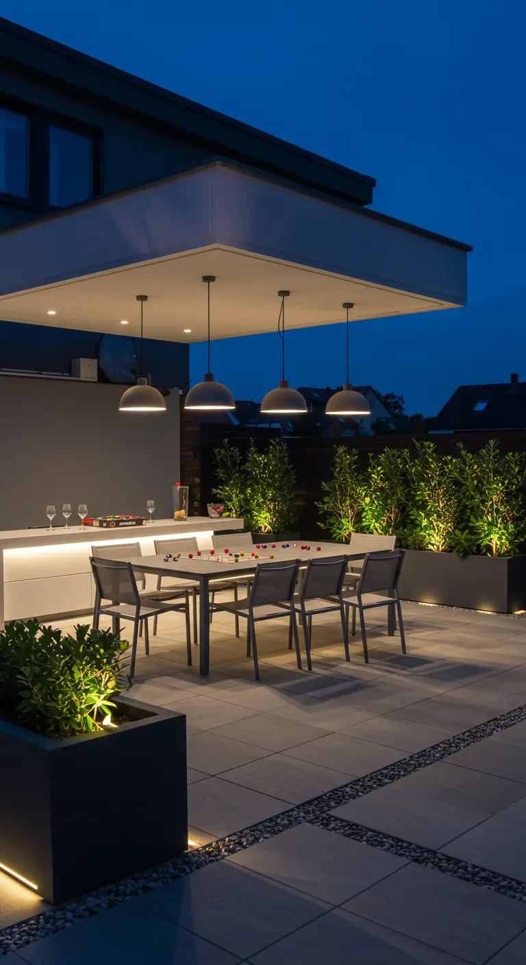 Cuisine extérieure moderne avec suspensions, jardinières illuminées et éclairage LED intégré.