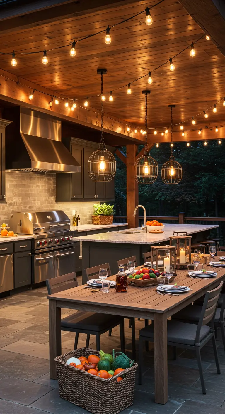 Cuisine extérieure moderne avec barbecue, îlot central, guirlandes LED et suspensions industrielles.