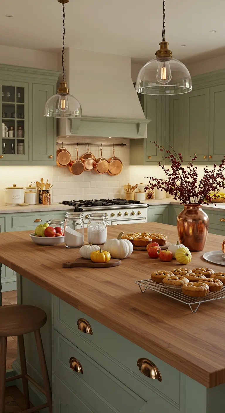 Cuisine avec armoires vert clair, îlot en bois, casseroles en cuivre et décorations automnales.