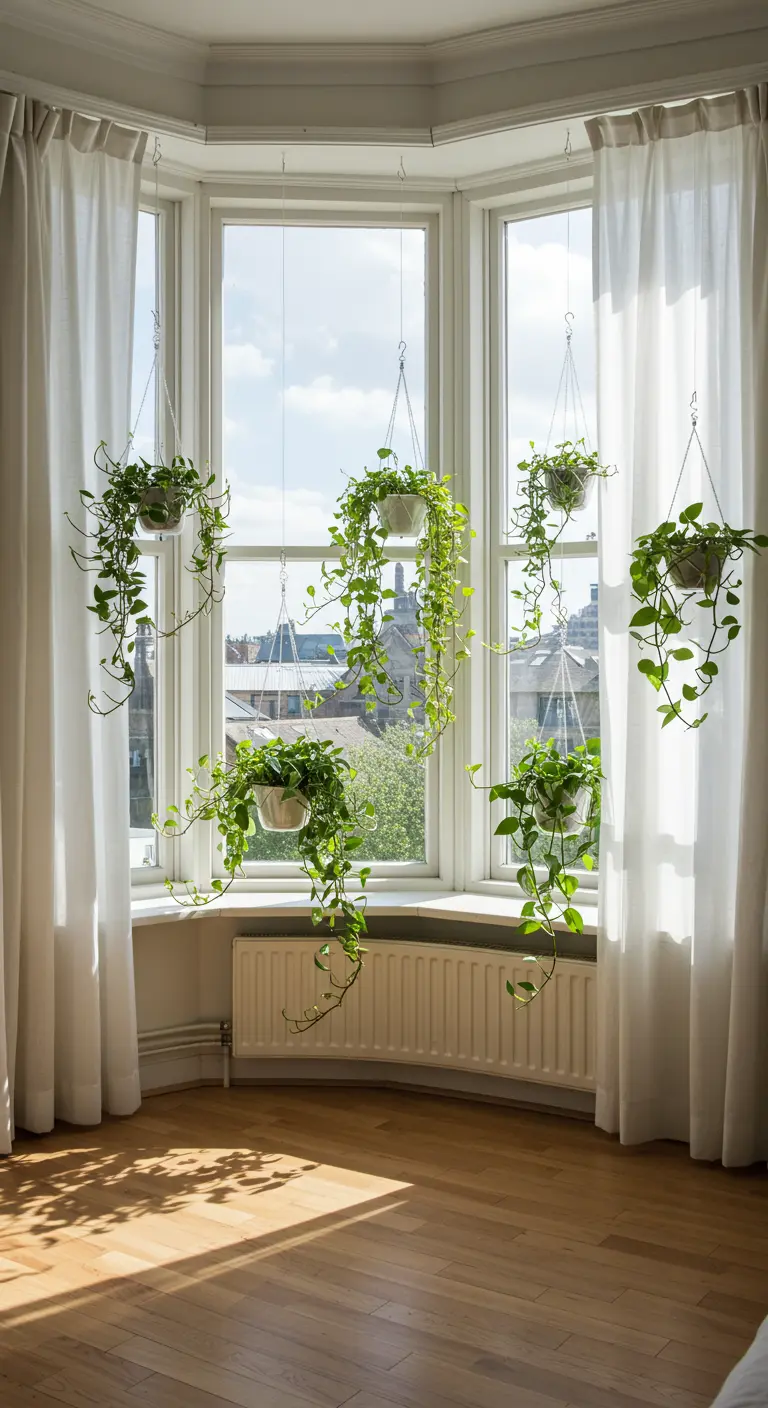 Plusieurs pots blancs suspendus avec de longues plantes tombantes devant une grande fenêtre en baie.