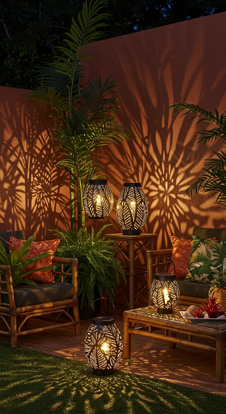 Patio tropical avec des lanternes solaires projetant des ombres décoratives sur un mur coloré.